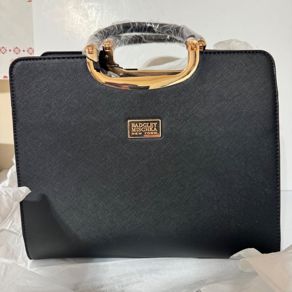 Badgley Mischka Black Saffiano Vegan Leather Satchel Gold Handle Bag TG32033 NWT